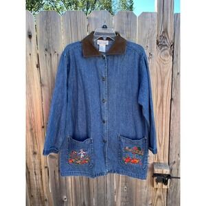 VTG 90s‎ Casey & Max Womens Denim Fall Embroidered Front Pocket Barn Jacket Sz S
